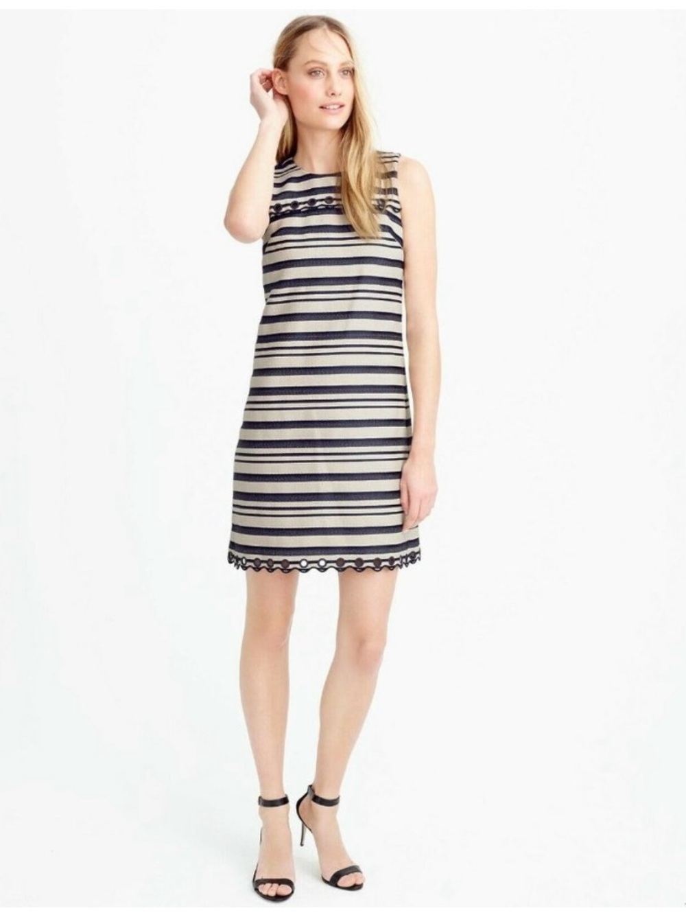 J. Crew Navy and Beige Striped Sleeveless Shift Dress